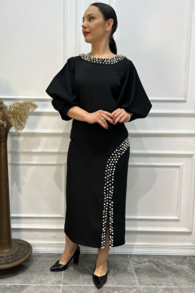 İthal Büyük Beden Yaka Ve Yırtmaç İncili Elbise