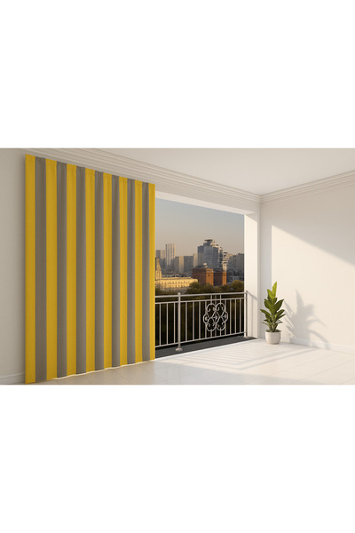 MRC Tekstil Sarı Gri Çizgili Su Geçirmez Kornişli Bağcıklı Balkon Perdesi Bra...
