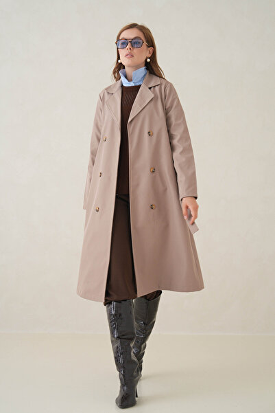 D1fference Noir Kruvaze Kemerli Trençkot – Sık Dokuma ve Rahat Kumaş Kadın Trençkot