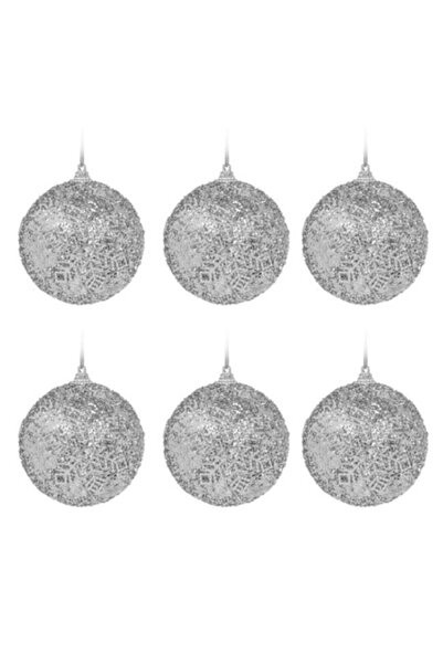 ANTBRO ® set of 6 Christmas tree baubles, foam with silver glitter and silver snowflake, 8 cm
