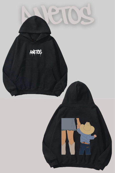 Anetos سويت شيرت أسود بقلنسوة مطبوع عليه الأم والابن
