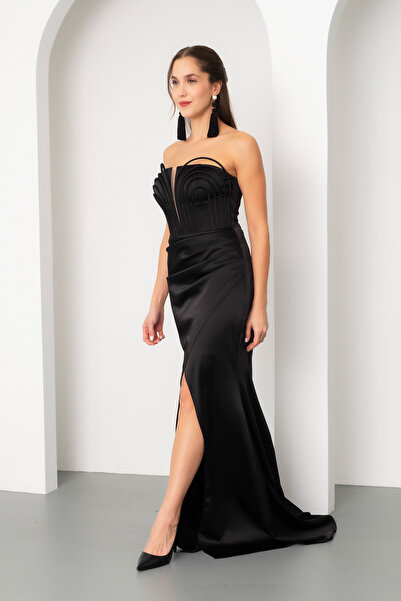 Lafaba Women's Black Collar Detail Satin Long Promise Engagement Evening Dress