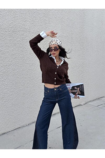 minaaise Women's Brown Hair Knit Stone Buttoned Short Cardigan 30033