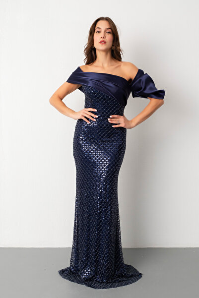 Lafaba Women's Navy Blue Collar Detail Beaded Long Evening Dress