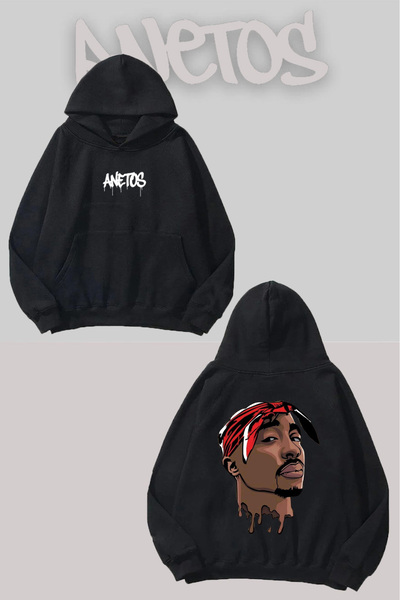 Anetos 2Pac Spate cu imprimeu Negru cu glugă Swea tricou