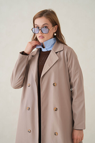 D1fference Noir Kruvaze Kemerli Trençkot – Sık Dokuma ve Rahat Kumaş Kadın Trençkot