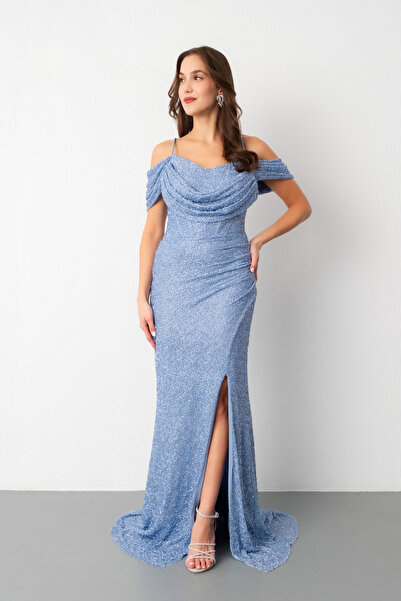 OFZE Kadın Bebe Mavi Omuz Dekolteli Boncuklu Uzun Abiye Elbise