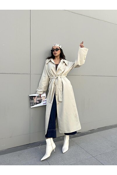 minaaise Kadın Taş Astarlı Uzun Trençkot 30030