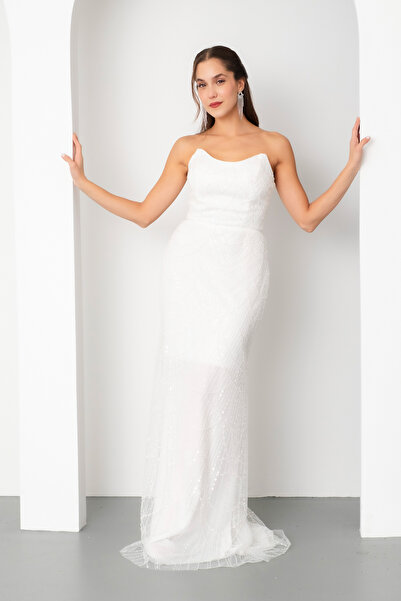 Lafaba Kadın Beyaz Straplez Boncuklu Uzun Balık Abiye Elbise