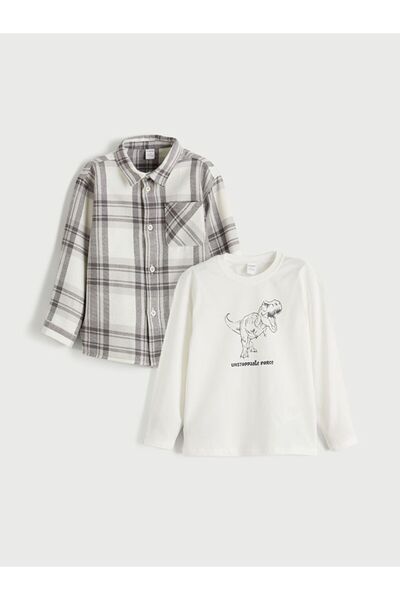 LC Waikiki Cămașă în carouri pentru băieți și tricou Dinozaur cu imprimeu