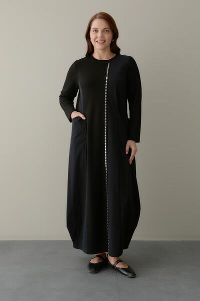 FATMA DANIŞMAN Bambu Ve Turkuaz Kombinli Önden Şerit Aksesuarlı Elbise -Siyah