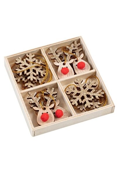 Merry Christmas Set de 8 ornamente de Crăciun din lemn - Reni și fulgi de zăp...
