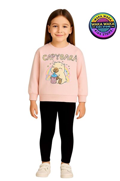 ww waka waka kids store Girl's Capybara Patterned Pink Sweatshirt and Black Leggings Two-Piece Set