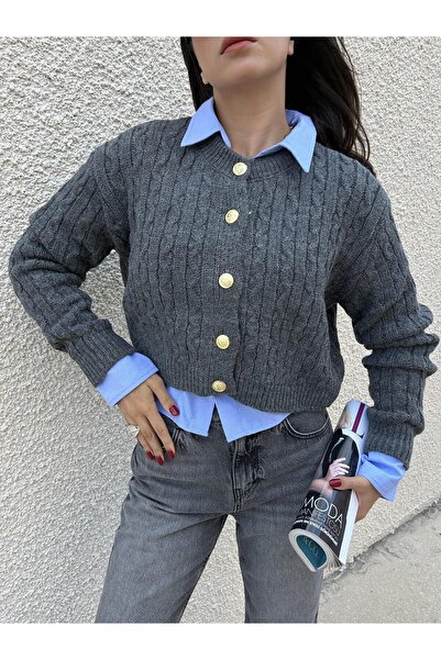 minaaise Women's Gray Gold Buttoned Short Cardigan 5556