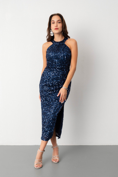 Lafaba Kadın Lacivert Halter Yaka Payetli Abiye Elbise
