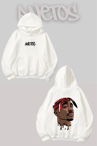Anetos 2Pac Spate cu imprimeu Alb cu glugă Swea tricou