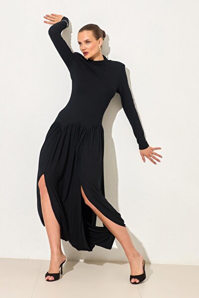 Setre Rochie neagră cu mâneci lungi, lungime midi, cu detaliu în talie și fustă