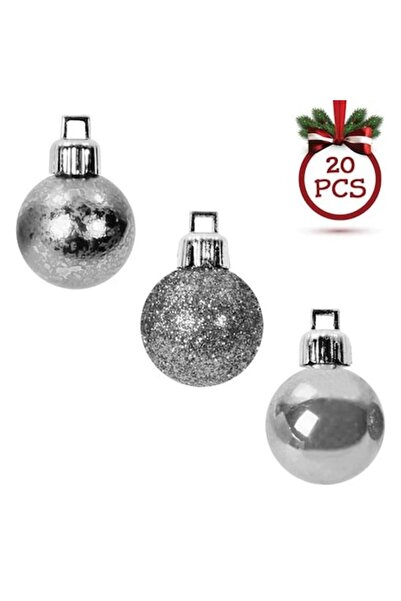 ANTBRO Set de 20 globuri de Crăciun, argintiu mat, strălucitor și sclipici, 3 cm