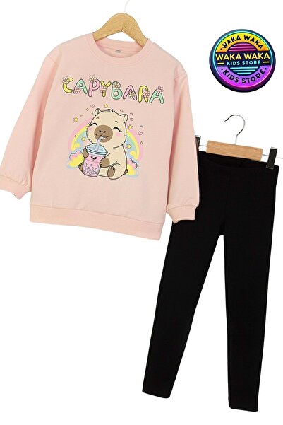 ww waka waka kids store Girl's Capybara Patterned Pink Sweatshirt and Black Leggings Two-Piece Set