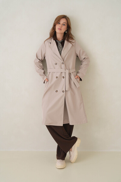 D1fference Noir Kruvaze Kemerli Trençkot – Sık Dokuma ve Rahat Kumaş Kadın Trençkot