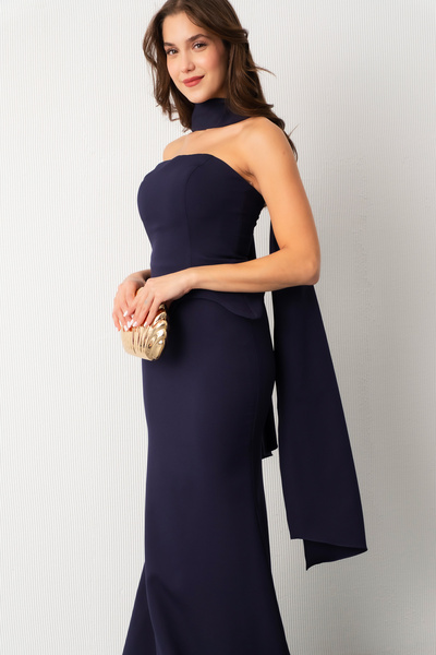 Lafaba Жіноче темно-синє плаття з шаллю, без бретелей, з відкритими плечима, для заручин та весілля