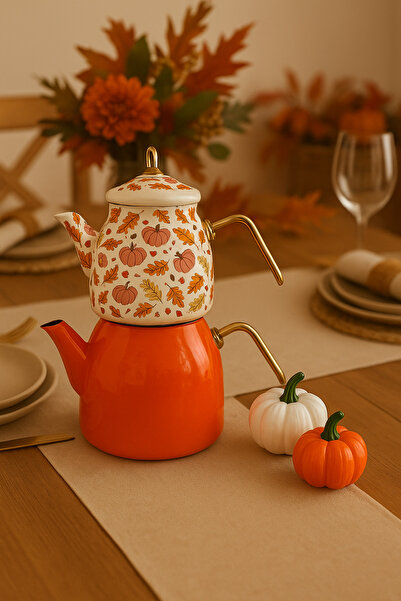 CEZVE HOME Pumpkin Teapot Leaf and Pumpkin Patterned Midi Enamel Teapot