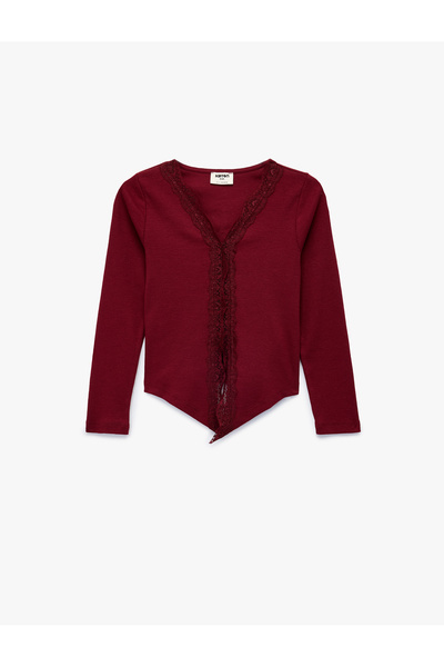 Koton Βαμβακερό μακρυμάνικο μπλουζάκι με λεπτομέρεια από δαντέλα με λαιμόκοψη σε σχήμα V