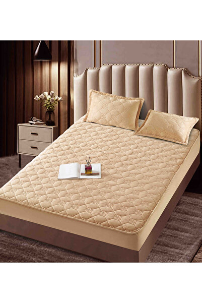 JOJO HOME Velvet Quilted Topper Cover, 140x200, 3 Pieces, Beige