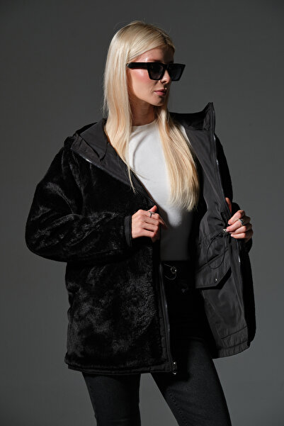 Maule Γυναικείο παλτό με κουκούλα με μικροφερμουάρ, διπλής όψης, μία πλευρά βελούδινη, μία πλευρά αδιάβροχη @Varoni