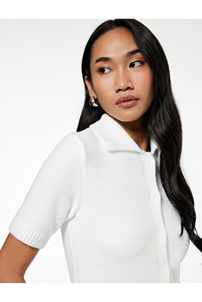 Koton Buttoned Short Sleeve Polo Neck Knitwear Plush Cardigan