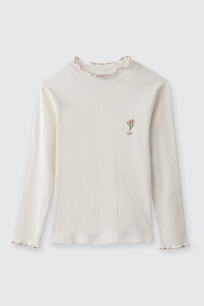 Panço Kız Çocuk Yakası Ve Kol Ucu Dikişli Nakışlı Uzun Kollu Ekru Tişört