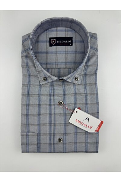 MEGALDİ Erkek Klasik Kesim Ekose Çift Cepli Gri Uzun Kollu Gömlek
