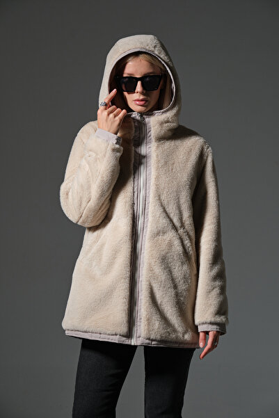 Maule Γυναικείο παλτό με κουκούλα με μικροφερμουάρ, διπλής όψης, μία πλευρά βελούδινη, μία πλευρά αδιάβροχη @Varoni