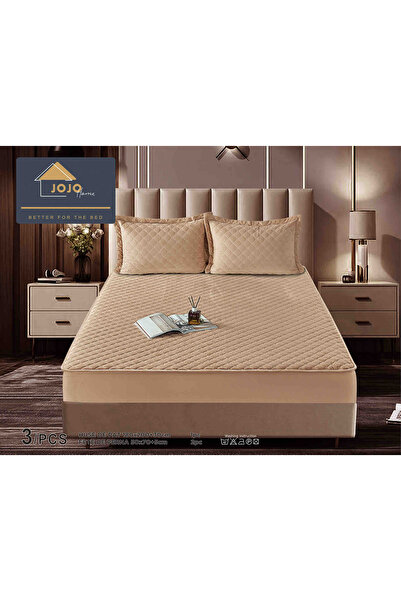 JOJO HOME Velvet Quilted Topper Cover, 180x200, 3 Pieces, Beige