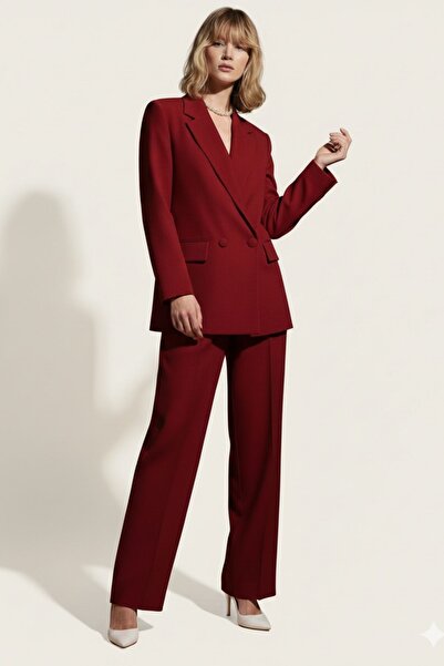 diaves Bordo Çift Düğme Blazer Ceket ve Palazzo Pantolon Atlas Dokuma Kumaş Takım Elbise