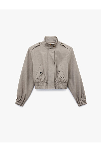 Koton Stand Collar Long Sleeve Snap Button Detailed Zippered Bomber Jacket