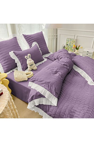 JOJO HOME Double Bed Linen Set, Crepe Pattern, 230x250cm, 6 Pieces, Purple