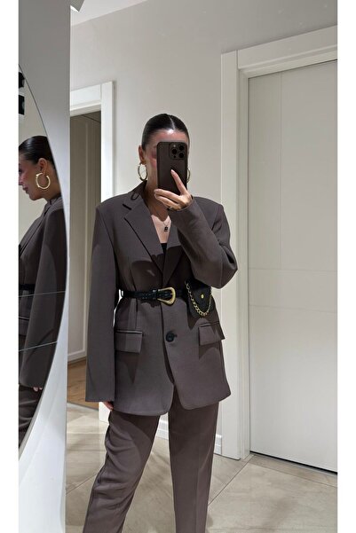 FMN Moda çantalı kemer detay tasarım premium çift düğmeli astarlı muadil trend cep detaylı blazer ceket