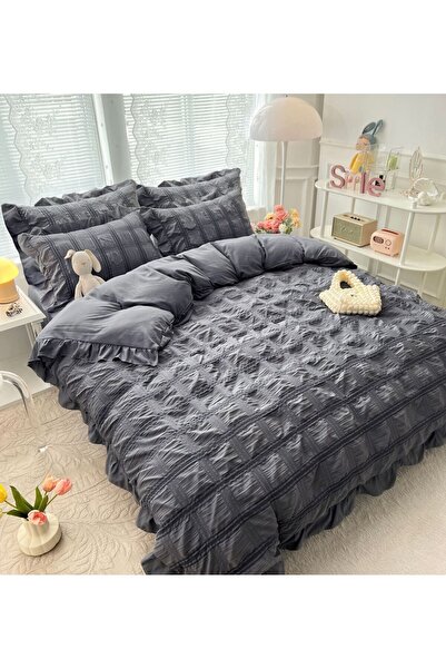 JOJO HOME Double Bed Linen Set, Crepe Pattern, 230x250cm, 6 Pieces, Grey