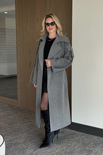 Laluvia Gray Premium Coat with Pocket Detail on the Sleeves - 408033
