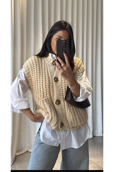 LUMİ Kadın Siyah Kalın Örgü Düğmeli Triko Yelek