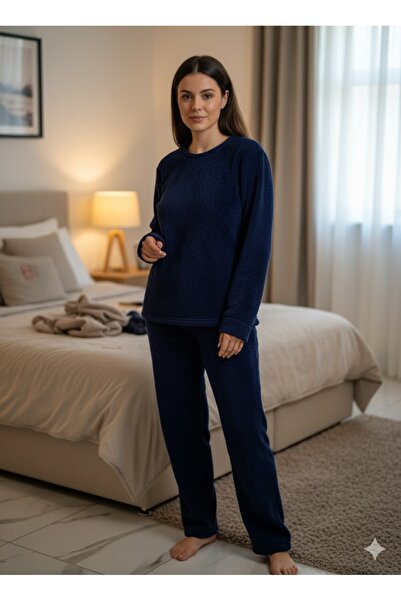 FAMES PİJAMA KADIN LACİVERT PELUŞ PİJAMA TAKIM