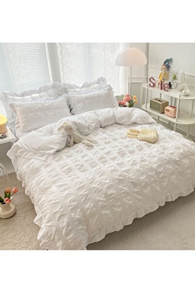 JOJO HOME Double Bed Linen Set, Crepe Pattern, 230x250cm, 6 Pieces, White