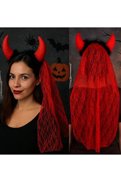 TOYFEST Halloween Red Devil Horns Veiled Crown Halloween Party Accessory