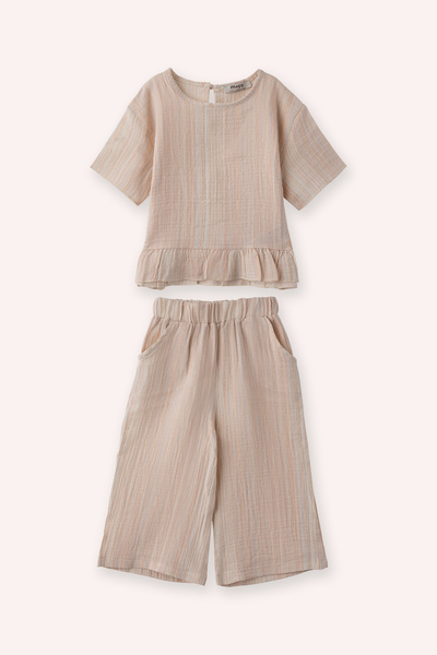 Panço Kız Çocuk Beli Lastikli Ekru 2'li Takım