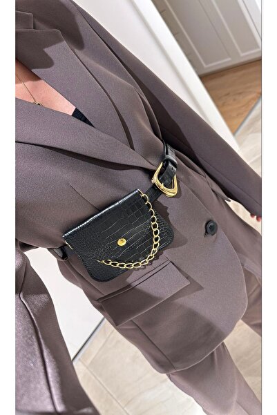 FMN Moda çantalı kemer detay tasarım premium çift düğmeli astarlı muadil trend cep detaylı blazer ceket