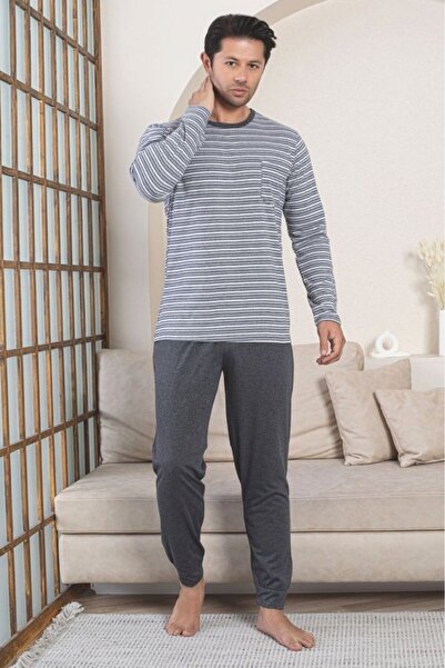 embody Men's striped cotton long pyjamas, grey 3003