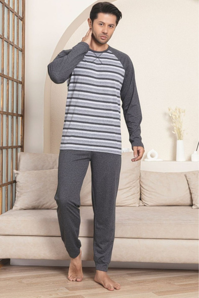 embody Men's striped cotton long pyjamas, grey 3001
