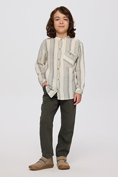 Panço Erkek Çocuk Çizgi Desenli Ekru Gömlek
