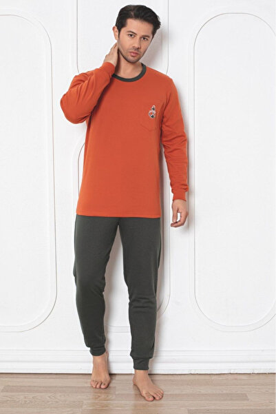 embody Men's cotton interlock long pyjamas, grey/orange 402